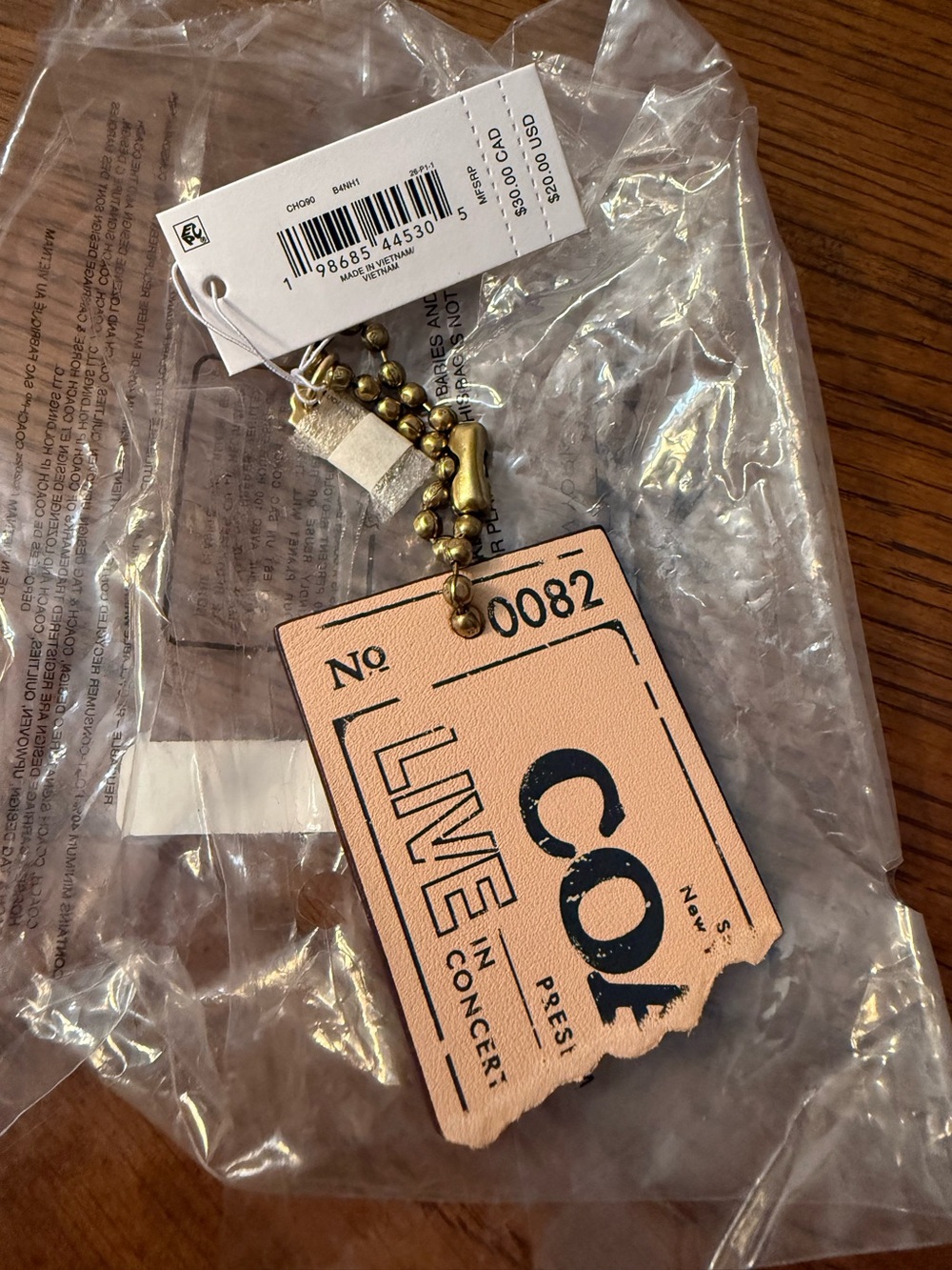 Coach Peachy Pink Ticket Leather Key Tag with Brass Bead Chain